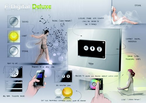 Lichteffekte, eigene Musik und Entspannung pur unter der eigenen Dusche. Mit dem modularen Duschkonzept GROHE SPA™ F-digital Deluxe kann per Apple iPod Steuerung die Dusche in stimmungsvolles Licht getaucht oder mit wohligem Dampf gefüllt werden. Auf Wunsch sorgen dabei persönliche Lieblingssongs für gute Laune. Wie alle Produkte der F-Series können verschiedene Kopf- und Seitenbrausen sowie die einsetzbaren Licht-, Musik- und Dampfelemente individuell kombiniert werden.